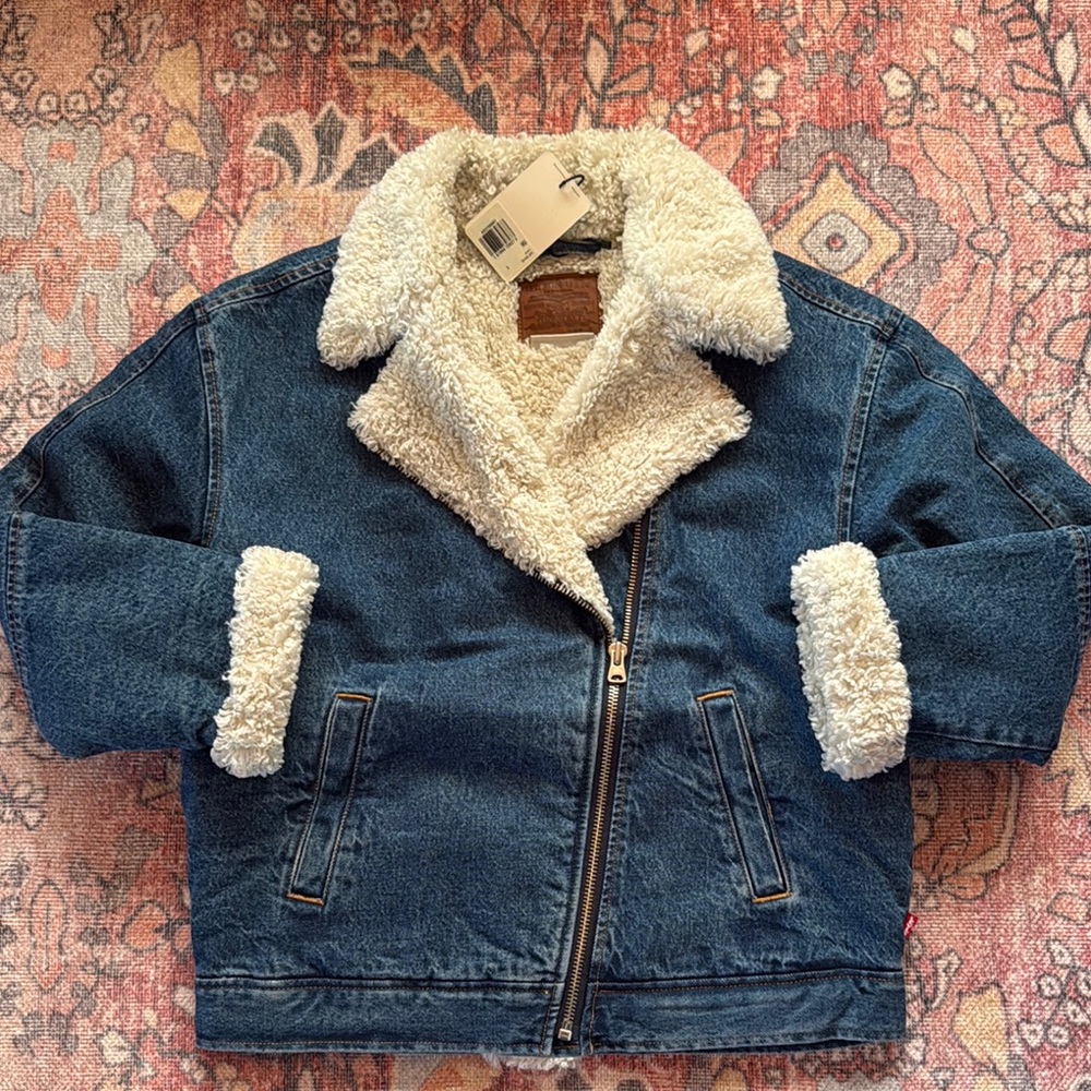 White Shearling Collar Denim Jacket with Asymmetrical Closure and Oversized Fit